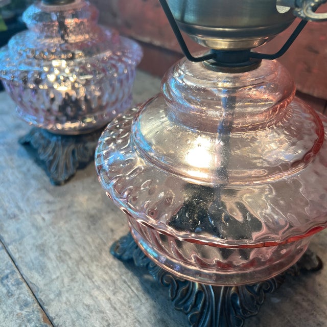 Pink Pair of Vintage Pink Glass Hobnail Electric Lamps With Ornate Metal Bases - 10" High For Sale - Image 8 of 15