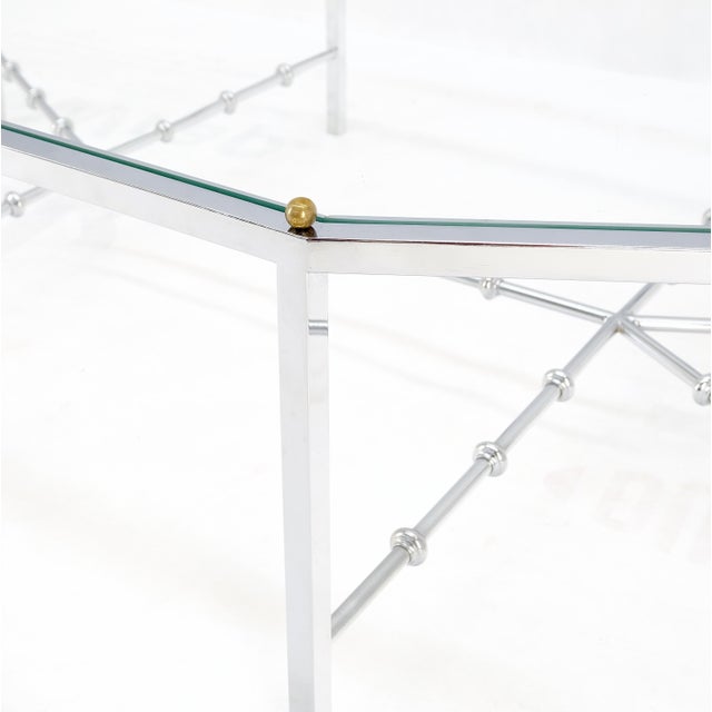 Faux Bamboo Chrome Glass Top Brass Balls Finials Elongated Hexagon Coffee Table For Sale - Image 6 of 12