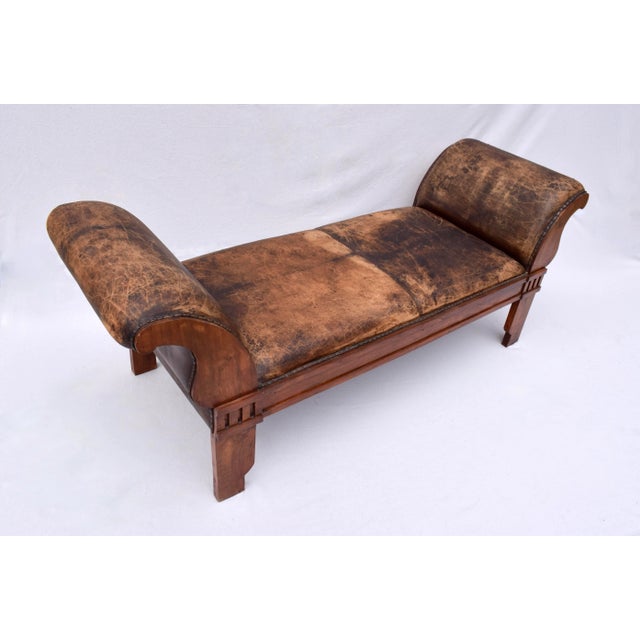Vintage Leather Roll Arm Bench, Carved Oak Frame, Mission Style, Usa For Sale - Image 10 of 12