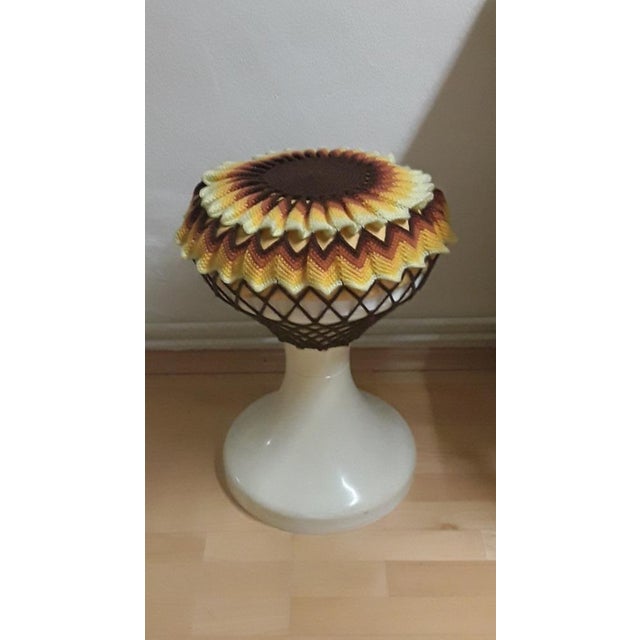 Vintage German Stool in White Plastic with Handmade Seat in Sunflower Look, 1970s, in Very Good conditions. Designed 1970...