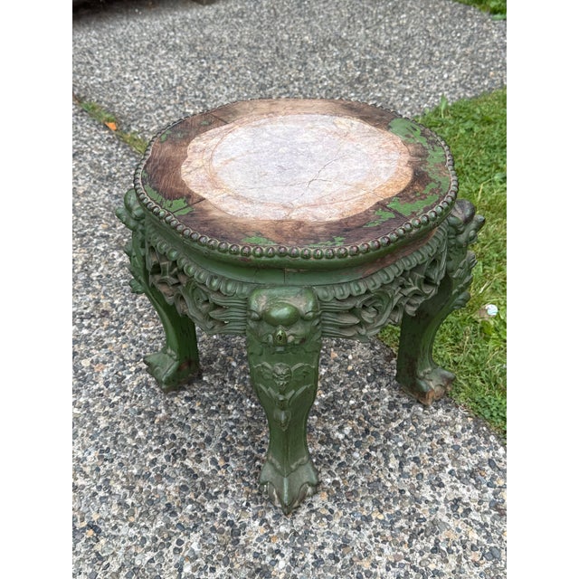 Antique 19th Century Chinese Carved Hongmu Rosewood Marble Top Table Cut Down 15.5 H 15W 15D Great vintage table one side...