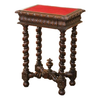 19th Century French Louis XIII Carved Walnut Side Table With Velvet Top For Sale