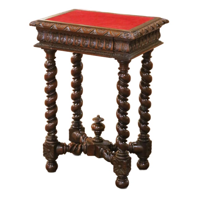 19th Century French Louis XIII Carved Walnut Side Table With Velvet Top For Sale