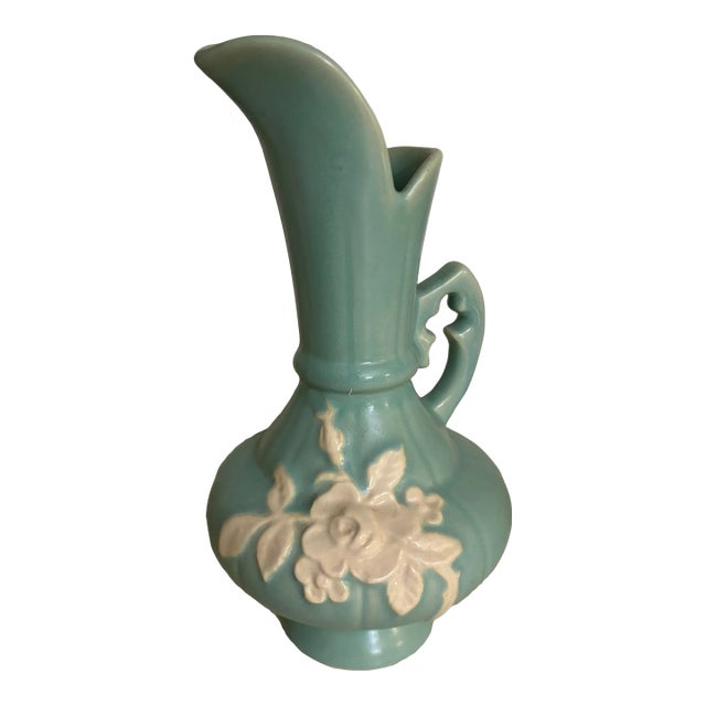 Vintage Weller Pottery Urn Vase Green White Flowers For Sale