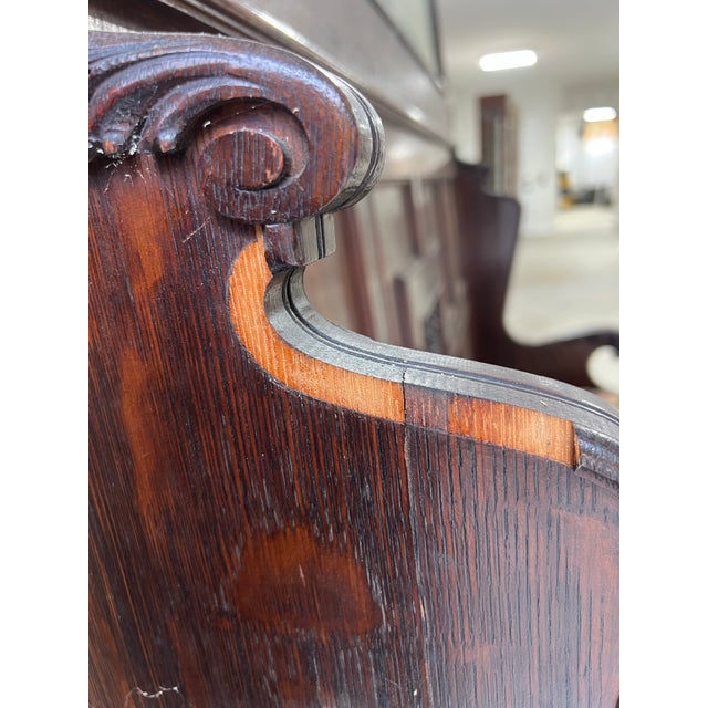 Antique Carved Oak Settle With Lion's Head Arm Rests and Beveled Edge Mirror For Sale - Image 12 of 12