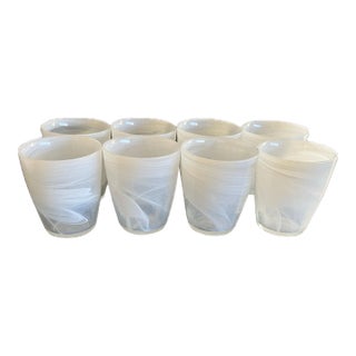 Mid 20th Century Alabaster Pearl White Swirl Thick Glass Barware Tumblers- Set of 8 For Sale