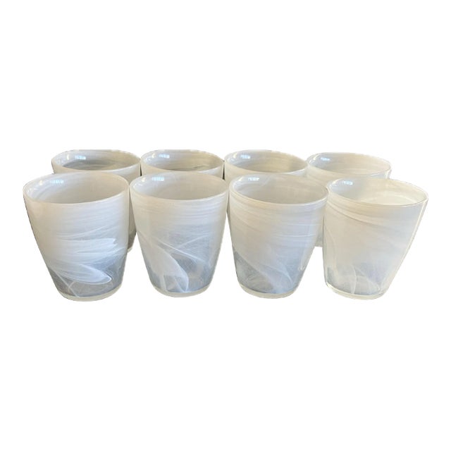 Mid 20th Century Alabaster Pearl White Swirl Thick Glass Barware Tumblers- Set of 8 For Sale