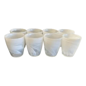 Mid 20th Century Alabaster Pearl White Swirl Thick Glass Barware Tumblers- Set of 8