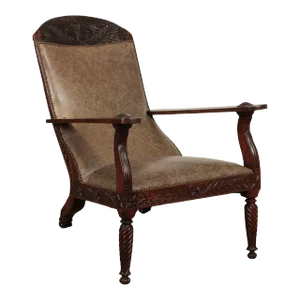 19th Century Anglo-Indian Carved Rosewood & Leather Armchair