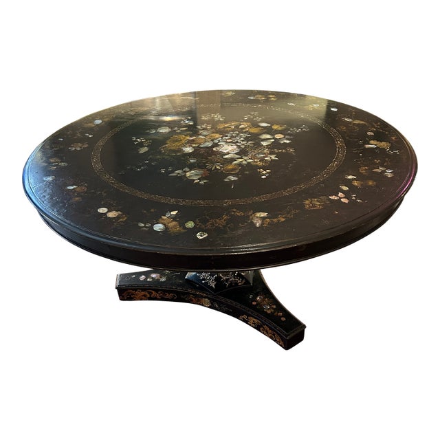 19th Century English Regency Black Lacquer and Inlaid Round Dining Table For Sale