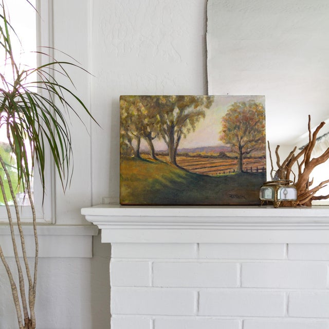 A landscape oil painting depicting a vineyard in the Applegate Valley of Southern Oregon at Sunset captures the beauty of...