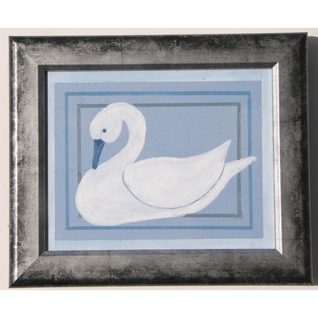 A white swan silhouette in shades of gray blue and multiple borders. Minimalism, Americana, Contemporary, Folk Art,...