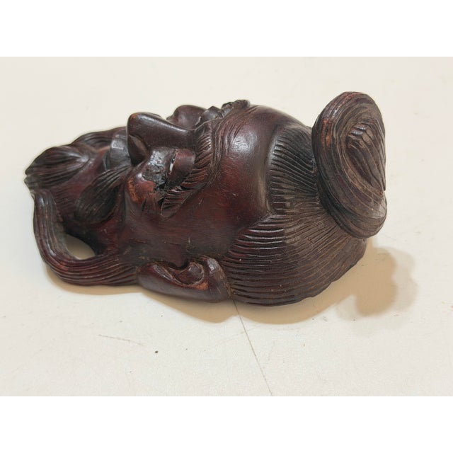 Wood Vintage Chinese Hand-Carved Hardwood Smiling Sage Elder Wall Mask For Sale - Image 7 of 9