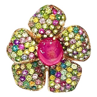 Bochic "Orient" Natural Ruby & Multi Sapphire Cocktail Ring Set 18K Gold&Silver For Sale