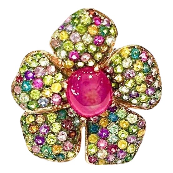 Bochic "Orient" Natural Ruby & Multi Sapphire Cocktail Ring Set 18K Gold&Silver For Sale