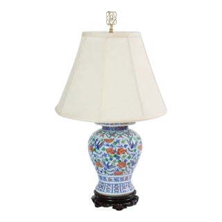 Mid 20th Century Hand Painted Asian Porcelain Table Lamp With Shade For Sale