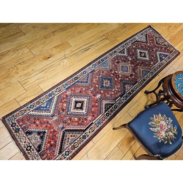 Vintage Persian Shiraz Tribal Runner Rug, Hand-Knotted Wool, Geometric Medallion Pattern, Red & Blue, 3x10 For Sale - Image 4 of 15