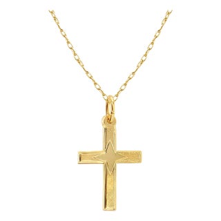 Dainty Gold Cross with Star Design in Center 14k Yellow Gold 16" For Sale