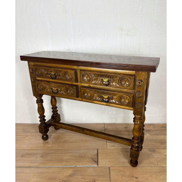 Spanish Renaissance Revival Walnut Console Table with Four Carved Drawers, 1930s For Sale - Image 4 of 11