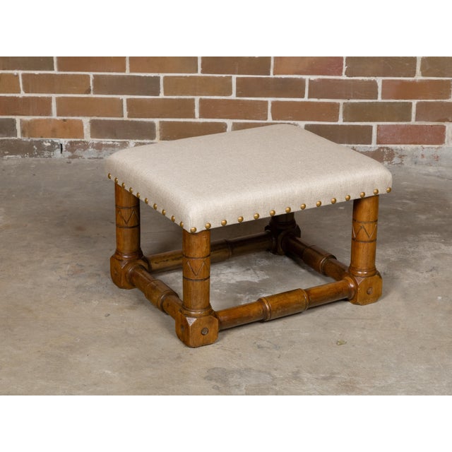 Brown English Oak 1900s Stool with Incised Accents and Custom Upholstery For Sale - Image 8 of 11