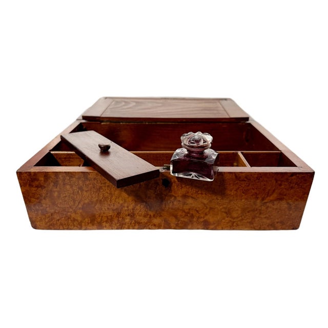 Late 19th Century Antique English Victorian Burl Wood Traveling Writing Slope / Lap Desk For Sale - Image 5 of 11