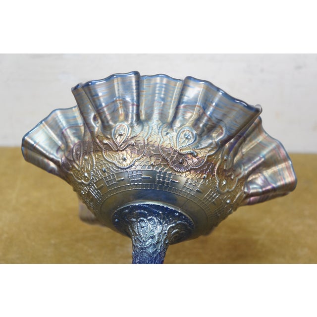 Glass Antique Fenton Cobalt Blue Iridescent Carnival Glass Persian Medallion Compote For Sale - Image 7 of 12