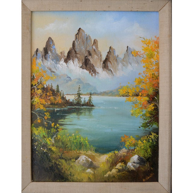 1960s Small Signed Vintage Mountains & Lake Landscape Painting For Sale - Image 5 of 10