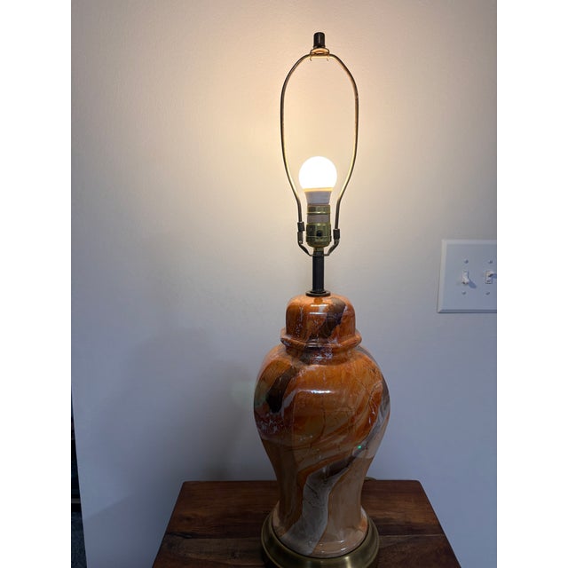 Ceramic Vintage Marbled Onyx Style Table Lamp in Warm Amber & Cream With Brass Base For Sale - Image 7 of 11