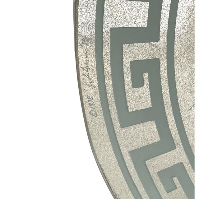 Transparent Stephen Schlanser 16'' Diameter Silver Glass Bowl Centerpiece Greek Key. Signed For Sale - Image 8 of 10