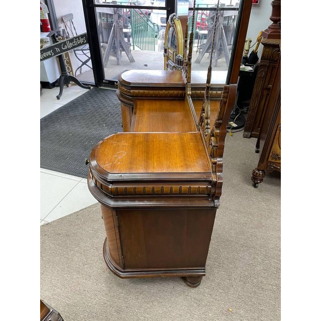 French Antique 1930's Bedroom Mirrored Vanity, Hand Carved Walnut, Burl Inlay, Beveled Glass, Curved Cabinets For Sale - Image 3 of 13