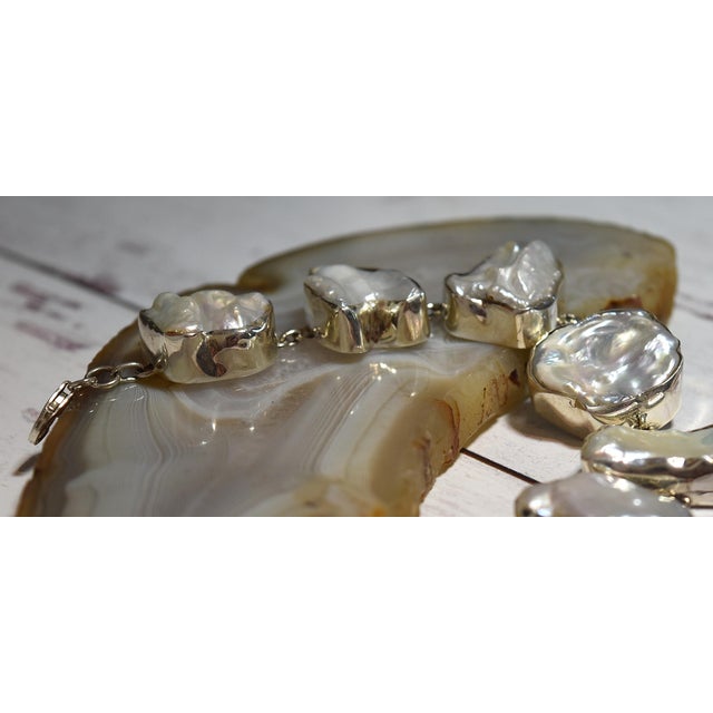 Metal White Freshwater Baroque or Keshi Pearl Sterling Silver Link Bracelet For Sale - Image 7 of 18
