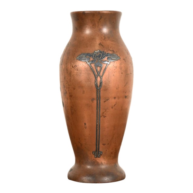 Silver Crest Arts & Crafts Sterling Silver on Bronze Tall Vase For Sale