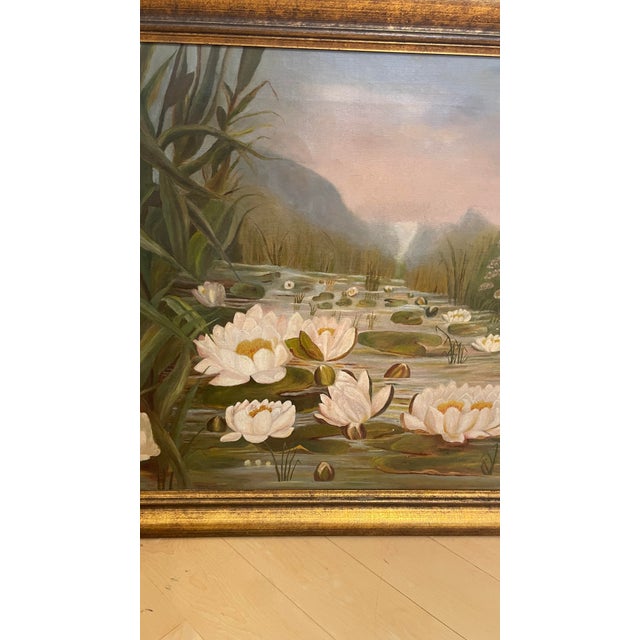 Textile 1980s Vintage Framed Impressionist Water Lilies Oil Painting For Sale - Image 7 of 12
