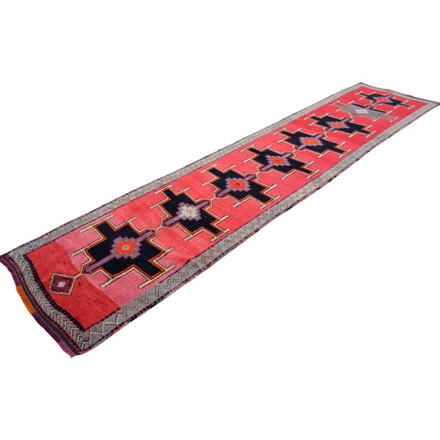 Hand-Knotted Turkish Rug Low Pile Tribal Runner Rug - 3' X 13' For Sale - Image 4 of 12