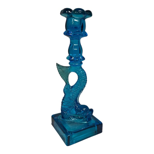 Vintage Cobalt Blue Figural Dolphin Pressed Glass Candlestick For Sale