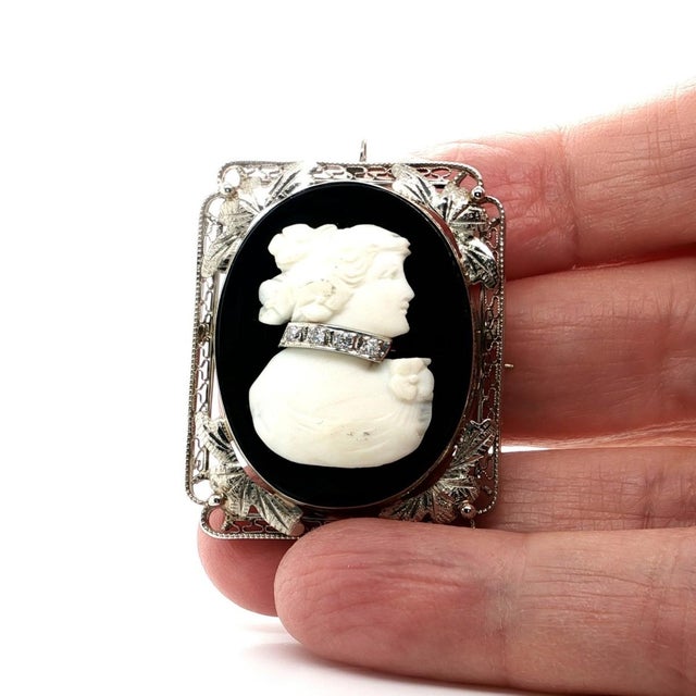 Contemporary Mid 20th Century 14k White Gold Vintage Cameo Pin Pendant Diamond Onyx Floral Filigree For Sale - Image 3 of 9