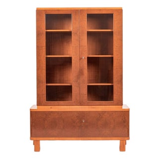Art Deco Cherry & Burl Wood Display China or Bar Cabinet 1930s For Sale
