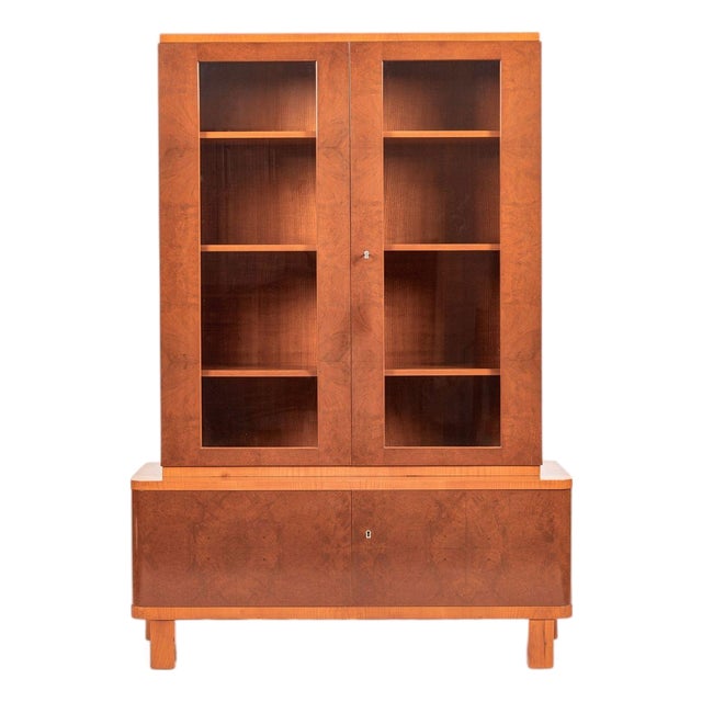 Art Deco Cherry & Burl Wood Display China or Bar Cabinet 1930s For Sale