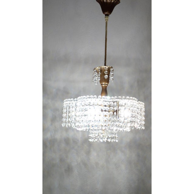 1930s Antique Brass Lead Crystal Three-Light Chandelier, 1930s For Sale - Image 5 of 11