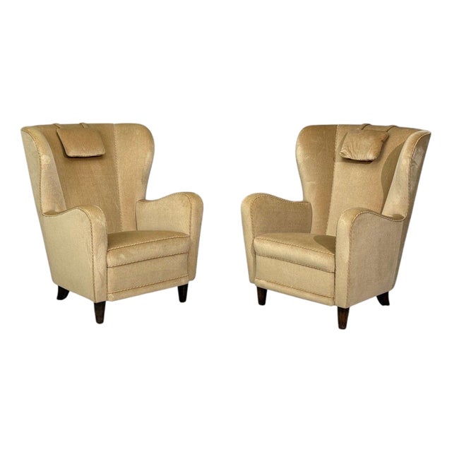 Finnish Modern, Wingback Chairs, Beige Velvet, Wood, Finland, 1950s For Sale