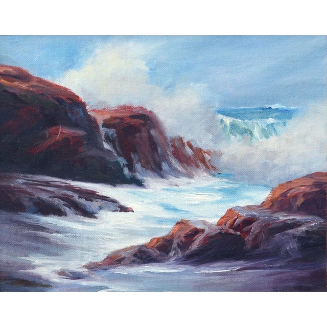 Dynamic oil painting of waves crashing against red cliffs by Henry Cusimano (American, 1937-2014). Signed by the artist...