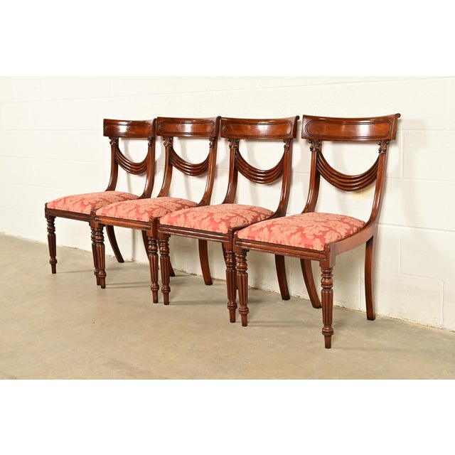 English Baker Furniture Style English Regency Carved Mahogany Dining Chairs, Set of Four For Sale - Image 3 of 12