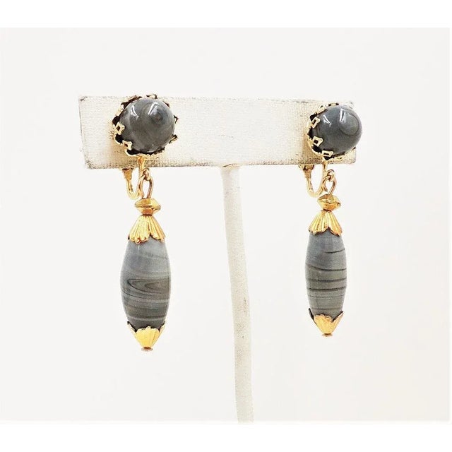 Metal Vintage 1960s Castlecliff Faux-Grey Agate Pendant Clip Earrings - 2 Pieces For Sale - Image 7 of 12