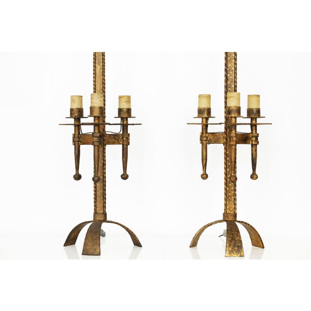 Mid-Century Modern Mid-20th Century Golden Wrought Iron Tripod Table Lamps by Ferro Art, Set of 2 For Sale - Image 3 of 16