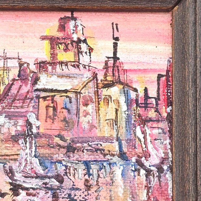 Mid-Century Modern Mid-Century Harbor Sunset Miniature Oil Painting by Margery Hudson For Sale - Image 3 of 9