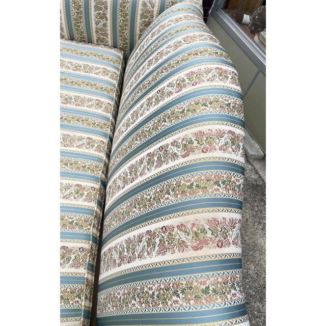 Queen Anne Mid 20th Century Pair Taylor-King Queen Anne Camelback Sofa Loveseat Floral Blue White Stripe For Sale - Image 3 of 12