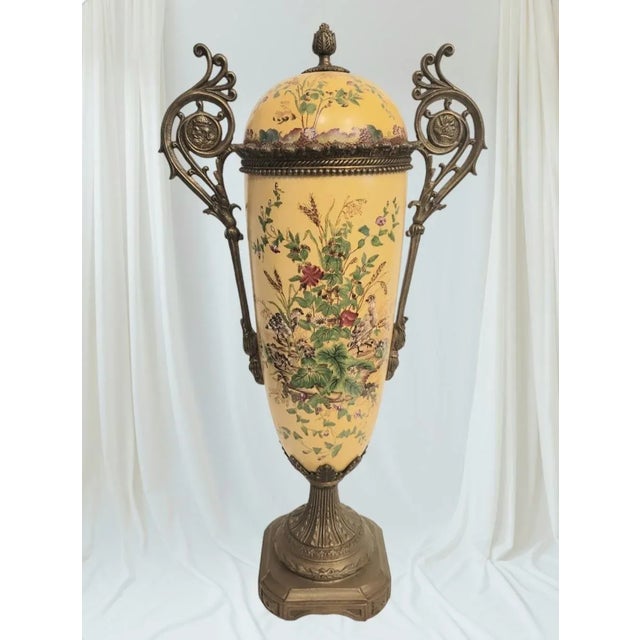 English Vintage French Ceramic Metal Covered Floral Yellow Red Extra Tall Urn Decorative Jar For Sale - Image 3 of 12