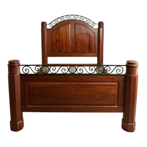 1990s Queen Bed Frame – Solid Wood & Wrought Iron Scroll, Carved Posts