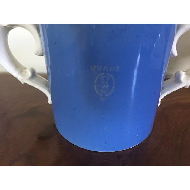 19th Century Antique 19th Century English Victorian Creamware Double Handled Mug in White and Blue Glaze For Sale - Image 5 of 13