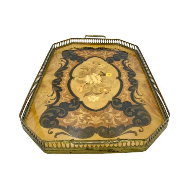Early 20th Century Marquetry Serving Tray Platter Wood Floral Flower With Brass Gallery For Sale - Image 4 of 12